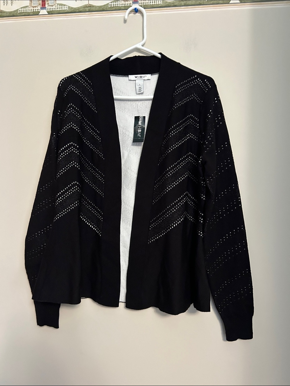 WHBM black/cream rayon/polyester cardigan flare bottom long sleeve NWT size L